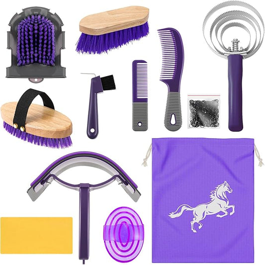 Abbylike 12 Pieces Horse Grooming Kit Racing Festival Tack Room Supplies Horse Brush Sets Equine Care Cleaning Kit Shedding Grooming Massaging Tools(Gray and Purple)-PawvioPets