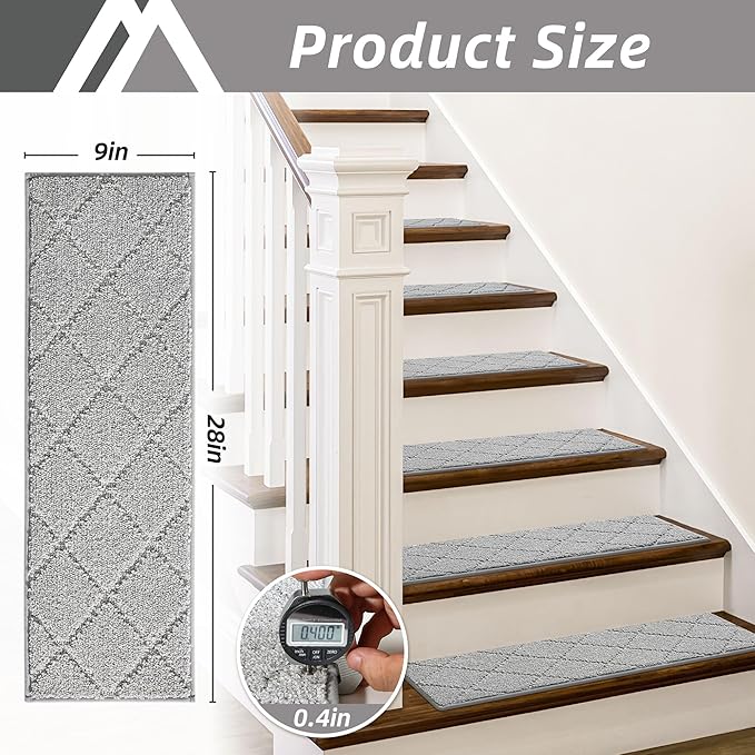 COSY HOMEER Edging Stair Treads Non-Slip Carpet Mat 28inX9in Indoor Stair Runners for Wooden Steps, Edging Stair Rugs for Kids and Dogs, 100% Polyester TPE Backing (15pc, Grey)-PawvioPets