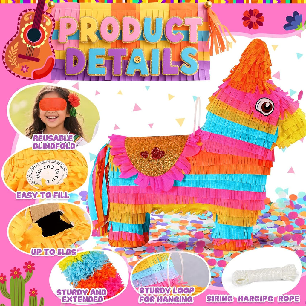 Cinco De Mayo Donkey Pinata with 24" Stick and Rope | Large Rainbow Piñata Decorations for Birthday Party, Taco Tuesday, Mexican Theme Fiesta (16 X 13.5 X 5.7 In)
