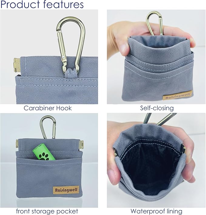 Dog Treat Pouch, Small Cotton Pocket Sized Training Holder, Hand Free Walking Fanny Bag with Carabiner, Self-Closing Pet Feed Snack Reward, Behavior Aids for Puppy Travel or Outdoor (Grey)-PawvioPets