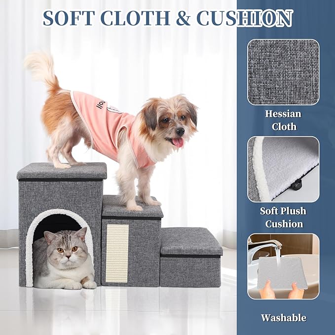 Dog Stairs for High Bed and Couch, 4 IN 1 Foldable Pet Stairs for Cats & Small and Medium Dogs, Adjustable Dog Steps with Pet Climbing Ladders/Cozy Condo/Storage Boxes/Cat Scratcher, Hold Up to 180LBS-PawvioPets