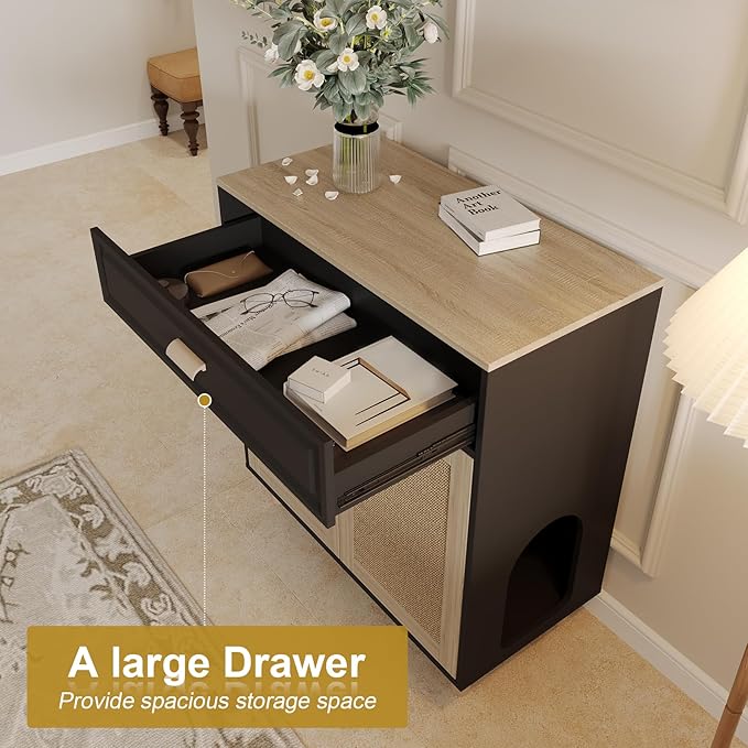 Cat Litter Box Enclosure Furniture Hidden Indoor 2-in-1 Wooden Cat House & Washroom Cabinet with Scratching Board Doors and Drawer, 31.5"x15.7"x34.6"H - Black-PawvioPets