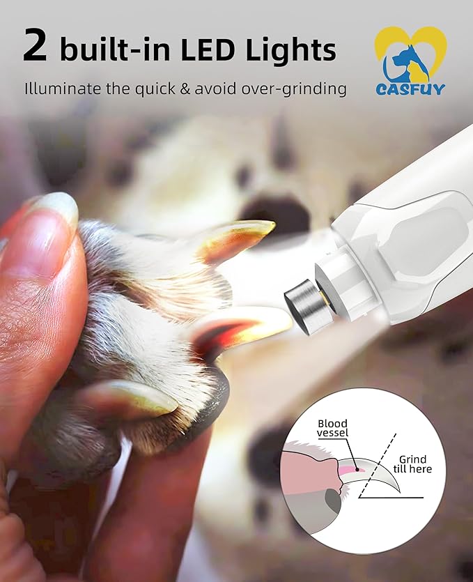 Casfuy Dog Nail Grinder Quiet - (45db) 6-Speed Pet Nail Grinder with 2 LED Lights for Large Medium Small Puppy Dogs/Cats, Professional 3 Ports Rechargeable Electric Dog Nail Trimmer with Dust Cap-PawvioPets