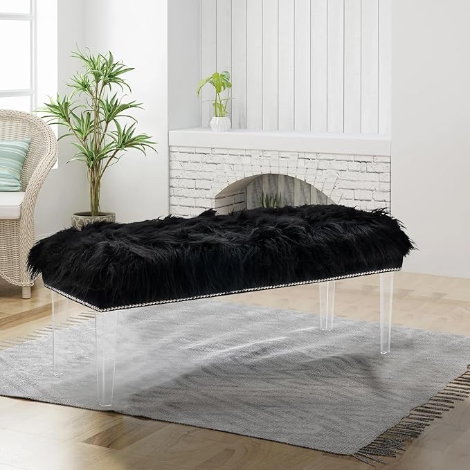 46 Inch Black Bedroom Bench, Benches for Bedroom White Faux Fur Upholstered Bed end Bench, Tufting Bench Indoor Bench with Acrylic Legs for Living Room Bedroom Dining Room Entryway, Black-PawvioPets