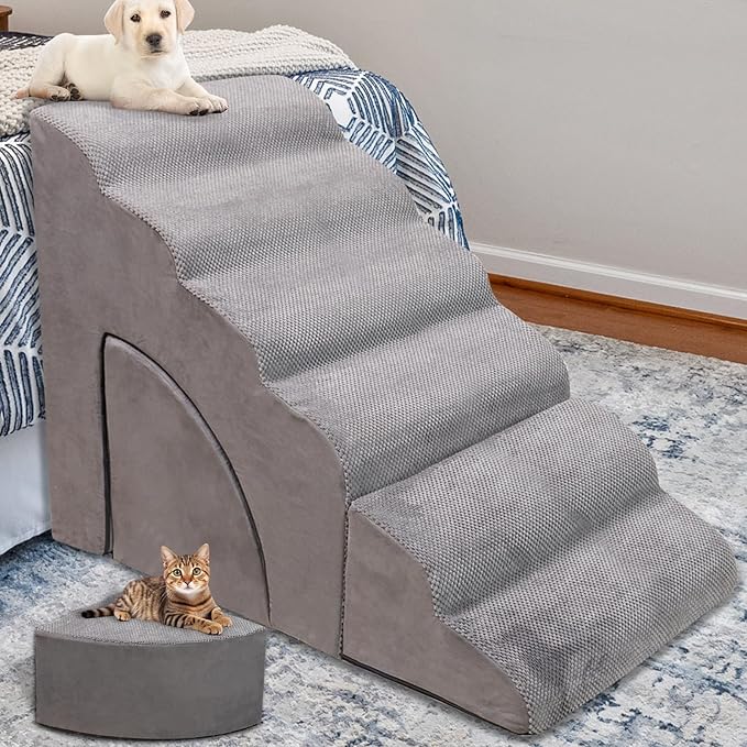 Foam Dog Stairs & Steps Ramps for High Beds 30 inches Tall for Small Dogs and Cats, LitaiL 6 Step Pet Stairs Steps for High Beds 30 inch Large Dogs, Non-Slip Dog Ramps for Older Cat-PawvioPets