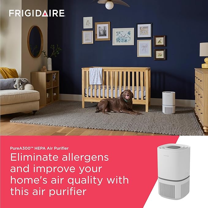 Frigidaire PureA300 HEPA Air Purifier for Small Bedrooms, Covers up to 850 Sq. Ft., 3-Stage Filtration, Energy Star Certification, Air Quality Monitoring, Smart Mode, Ultra Quiet, White-PawvioPets