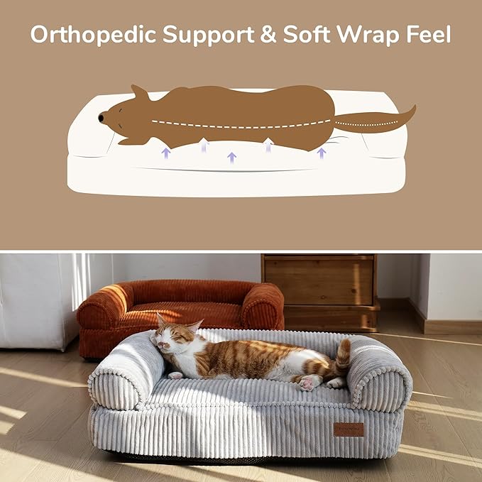 FUKUMARU Dog Couch Bed, Corduroy Cozy Cat Bed for Indoor Cats with Washable Cover, Supportive Waterproof Dog Beds Sofa for Small Dogs and Large Cats Cute, 28inch, Medium, Light Grey-PawvioPets