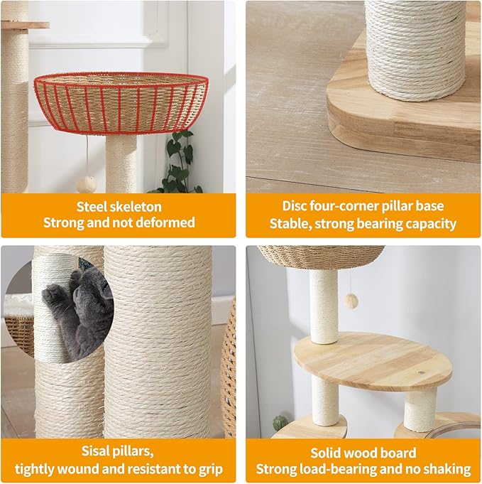 59" Big Modern Cat Tree Tower, Cat Tower Sisal-Covered Scratching Posts for Indoor Cats, Oak Wood Cat Tree for Large Cats, Multi-Level Cat Condo with Space Capsule Nest, Cat Furniture Activity Centre-PawvioPets