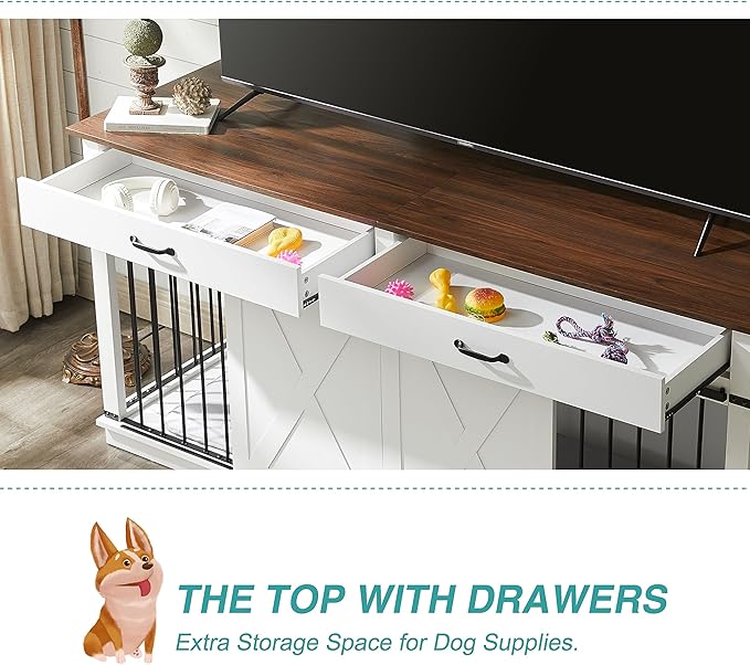 EDYO LIVING 72.5" Large Dog Crate Furniture for 2 Dogs, Wooden Dog Kennel with Drawers, Divider, Sliding Barn Door, Water Resistant Indoor Furniture Style Double Dog Crates, White-PawvioPets