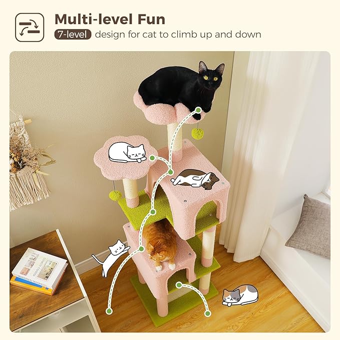 Flower Cat Tree, 62-Inch Tall Multi-Level Cat Tower with Scratching Posts for Large Indoor Cats, Plush Bed w/Padded Perches, Scratching Pad & 2 Green Pompoms, Pink-PawvioPets