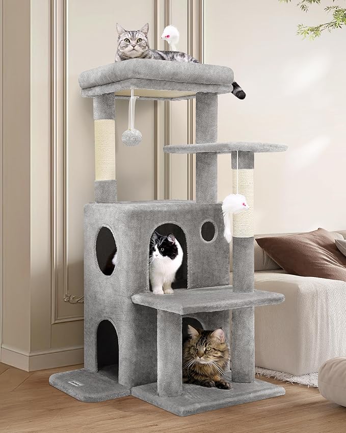 Globlazer Cat Tree Tower for Indoor Cats, 50-inch Adult Cat Tree House for Large Adult Cats with Steps, Scratching Post, 2 Cat Caves, Dangling Toys, FC50, Light Grey-PawvioPets