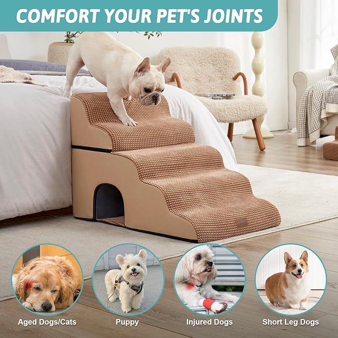 Extra Wide Dog Stairs with Tunnel, Detachable Large Pet Step for Small Medium Dog, Puppy or Cat, Ramp for High Bed, Couch, Sofa or Car, Stable, 19.7x33x22.4 inch, 5 Step, Light Brown-PawvioPets