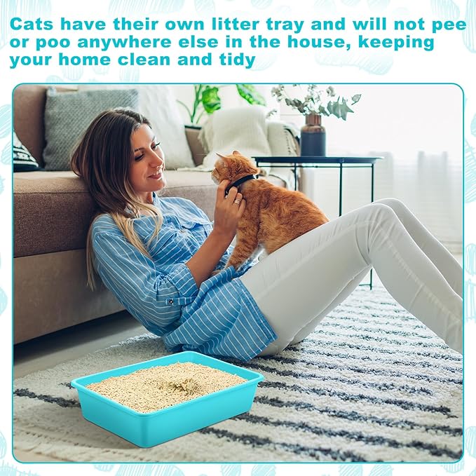 Amyhill 5 Pcs Open Cat Litter Box Kitten Litter Pan with 5 Scooper Medium Plastic Pet Tray Durable Nonstick Kitten Box for Indoor Pets Cats Rabbit Supply Easy to Clean, 14.6x10.6x3.4 Inch (Blue)-PawvioPets