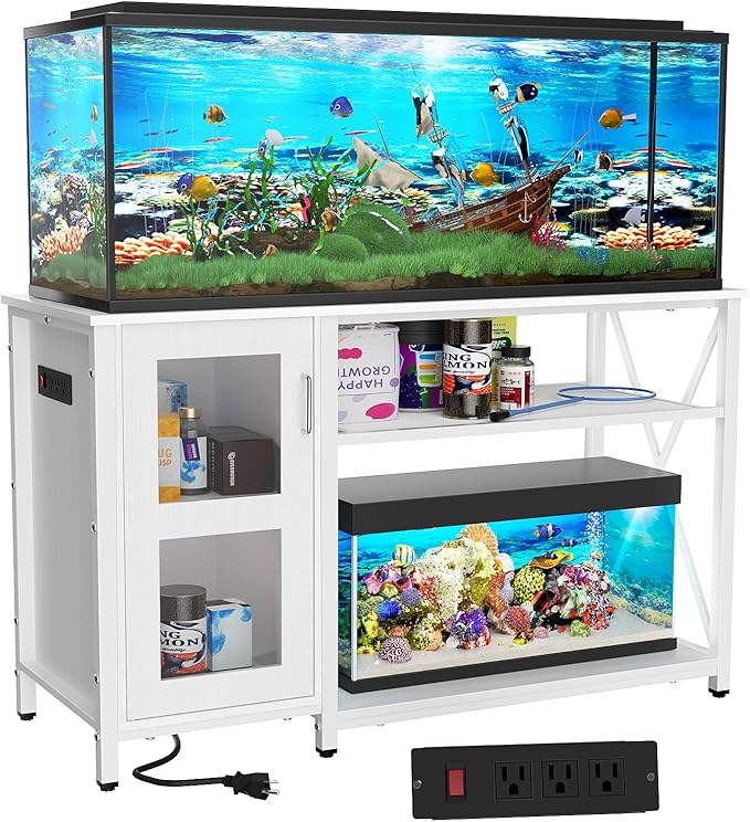 55-75 Gallon Fish Tank Stand with Cabinet, Aquarium Stand for Fish Tank Accessories Storage, Heavy Duty Metal Terrarium Stand, 52" L*19" W Tabletop, 1200LBS Capacity, White-PawvioPets