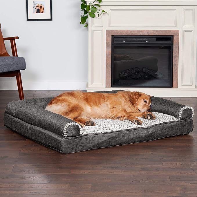 Furhaven Orthopedic Dog Bed for Large Dogs w/ Removable Bolsters & Washable Cover, For Dogs Up to 95 lbs - Luxe Faux Fur & Performance Linen Sofa - Charcoal, Jumbo/XL-PawvioPets