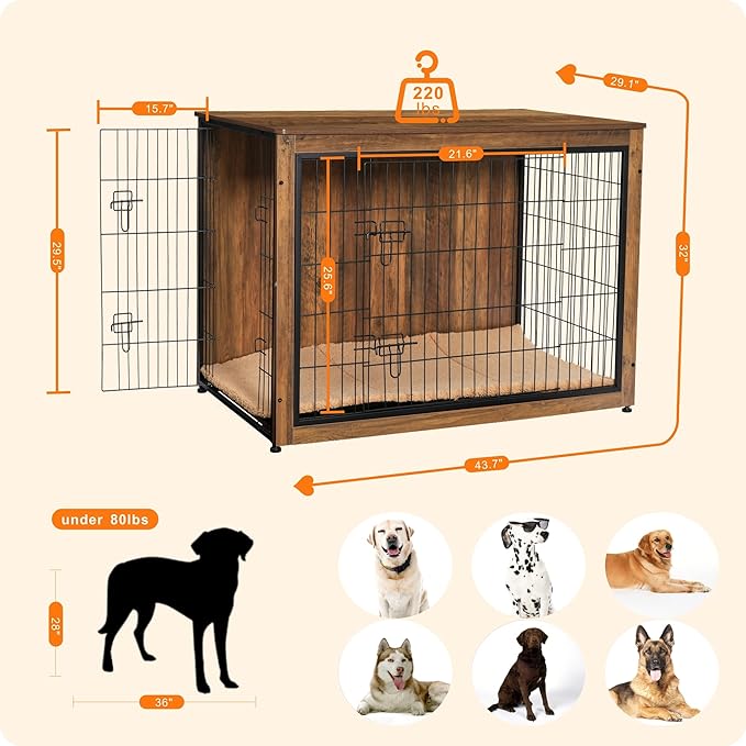 DWANTON Dog Crate Furniture with Cushion, Wooden Kennel Table with Double Doors, Indoor Dog House, Extra Large, 43.3" L, Warm Brown-PawvioPets