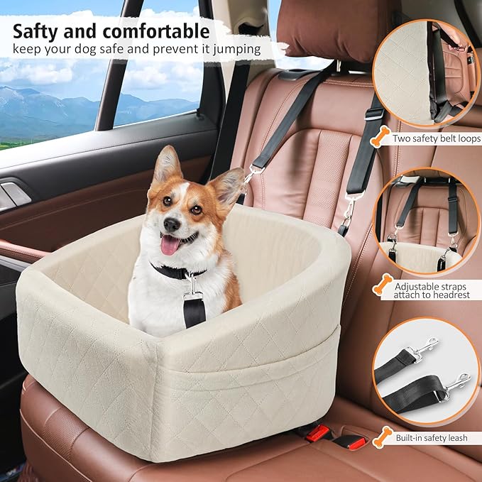 Dog Car Seat for Small Medium Dogs,Detachable Washable Dog Booster Seat Under 30lbs, Pet Car Seat Travel Bed with Storage Pockets and Dog Safety Belt (White)-PawvioPets