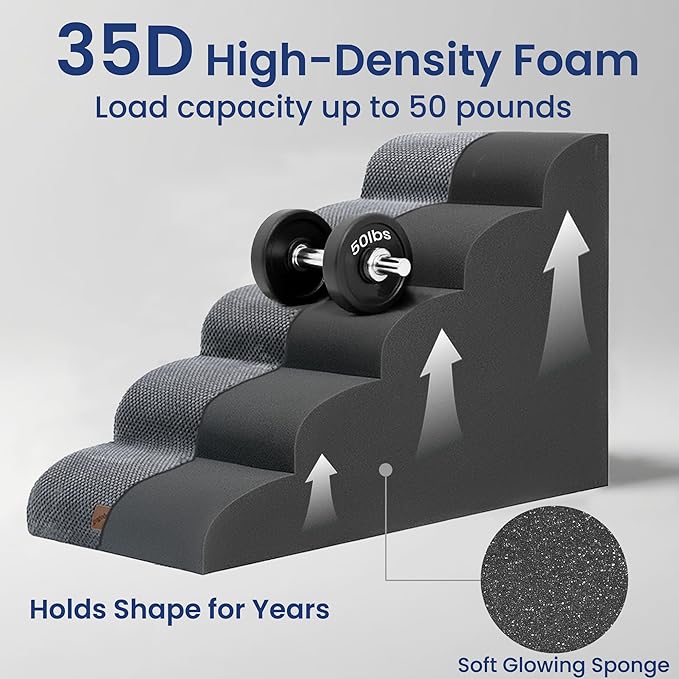 GoGoBunny Ramp Dog Stairs for High Beds 22.6" H, 5-Step Dog Slope Stairs with Durable Waterproof Fabric Cover, Pet Steps for Old Large Dogs Climbing, Non-Slip Sturdy Indoor Step, Grey-PawvioPets