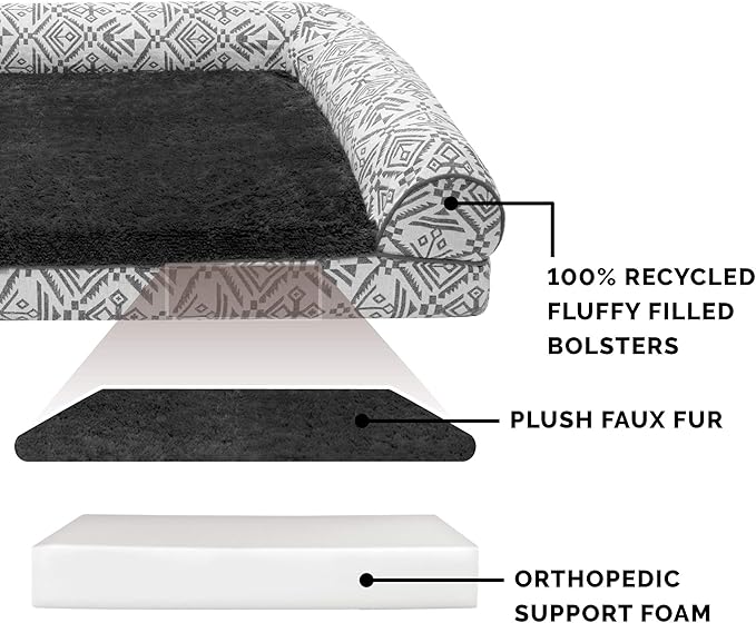 Furhaven Orthopedic Dog Bed for Large Dogs w/ Removable Bolsters & Washable Cover, For Dogs Up to 125 lbs - Plush & Southwest Kilim Woven Decor Sofa - Boulder Gray, Jumbo Plus/XXL-PawvioPets