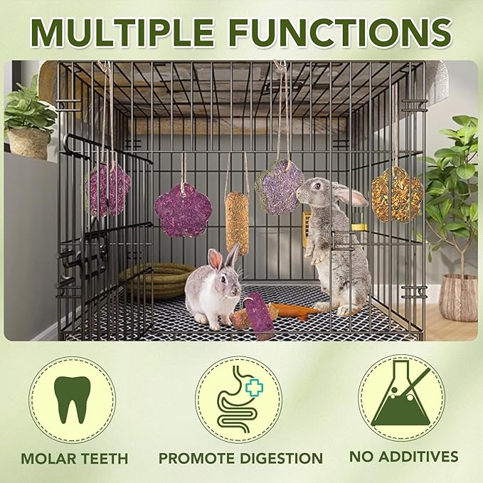 12PCS Rabbit Chew Sticks, Hanging Chew Sticks & Cakes Timothy Hay Rose Chrysanthemum Treat for Bunny Chinchilla Guinea Pig Hamster and Other Small Pets Molar Snack Toy-PawvioPets