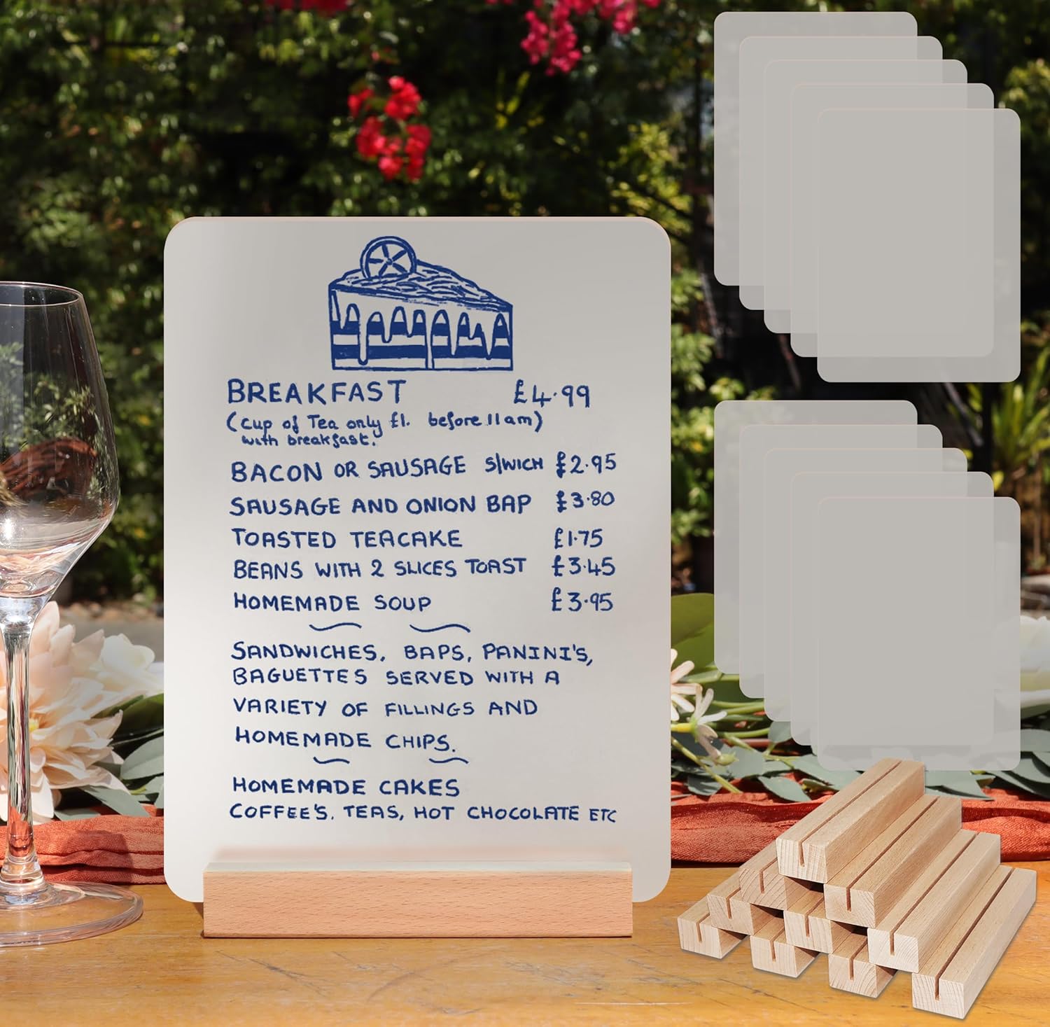 Frosted Blank Rectangle Acrylic Sign with Wooden Stands - 10 Pack DIY Customizable Sign Kit for Wedding Table Numbers, Restaurant Party Bridal Shower (5x7 Inch)