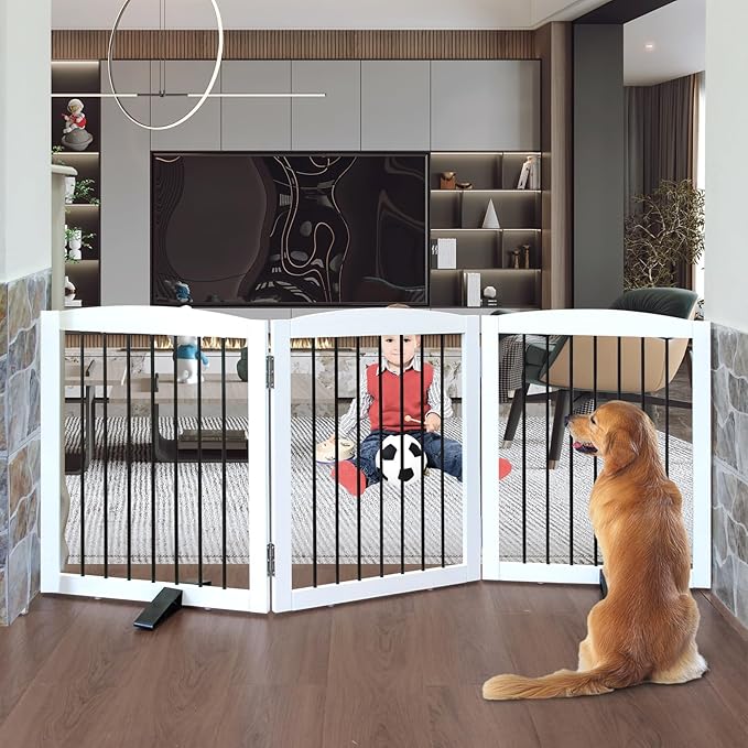 Freestanding Panel Dog Gate for Indoor Doorways, Stairs, or Hallways - Foldable Wooden Pet Gate, 24" Height - 3 Panels, White-PawvioPets