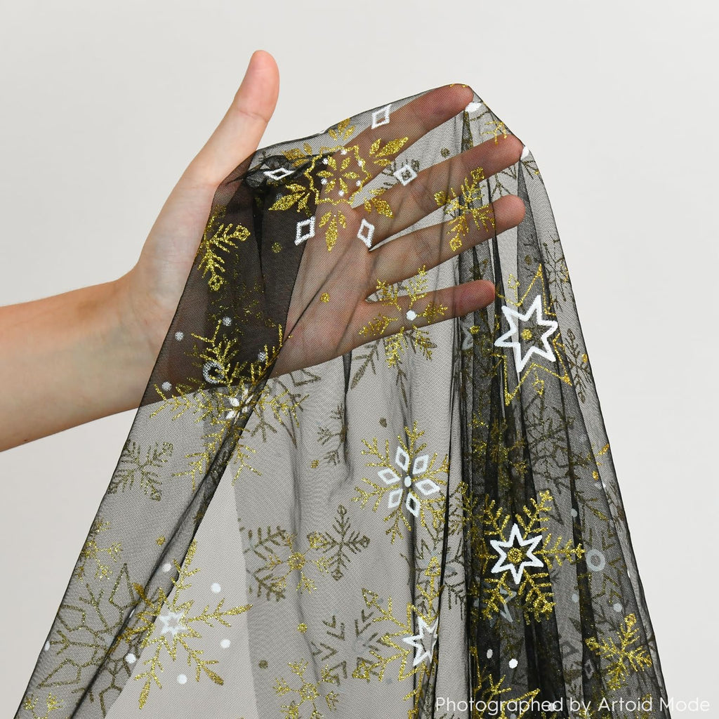 Artoid Mode Black Gold Snowflakes Christmas Gauze Table Runner 120 Inch 10FT, Winter Seasonal Sheer Dining Holiday Wedding Table Decor for Home Party