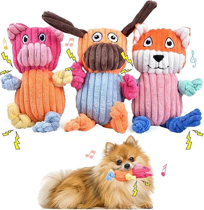 3pcs Dog Squeaky Toys, Plush Stuffed Puppy Chew Toy for Extended Play, Interactive Toys Gifts for Small Medium Large Chewer Dogs, Pet Toy Bulk to Keep Them Busy(Dog&Fox&Pig)-PawvioPets