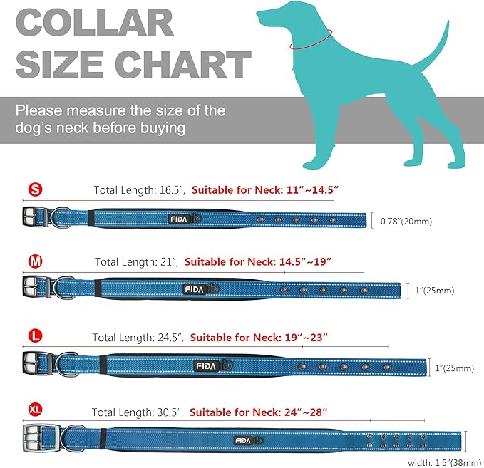 Fida Heavy Duty Dog Collar, Ultra Comfortable Soft Neoprene Padded, Adjustable Reflective Nylon Pet Collar with Durable Metal Belt Buckle for Large Breeds (L, Blue)-PawvioPets