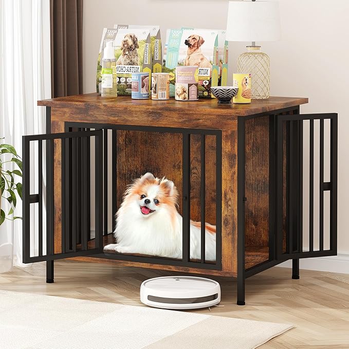 EasyCom 31.5" Small Dog Crate Furniture, Chew-Resistant Dog Crates for Small and Medium Dogs, Dog Kennel Furniture Indoor with 2 Doors and 3.94" Raised Feet, as TV Stand, End Table, Crate Table-PawvioPets