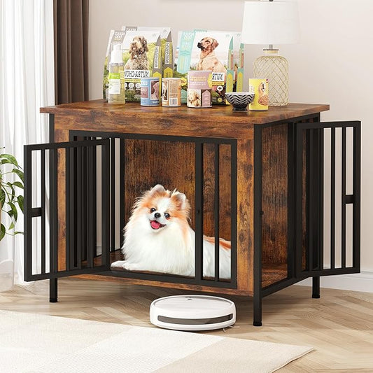EasyCom 31.5" Small Dog Crate Furniture, Chew-Resistant Dog Crates for Small and Medium Dogs, Dog Kennel Furniture Indoor with 2 Doors and 3.94" Raised Feet, as TV Stand, End Table, Crate Table-PawvioPets