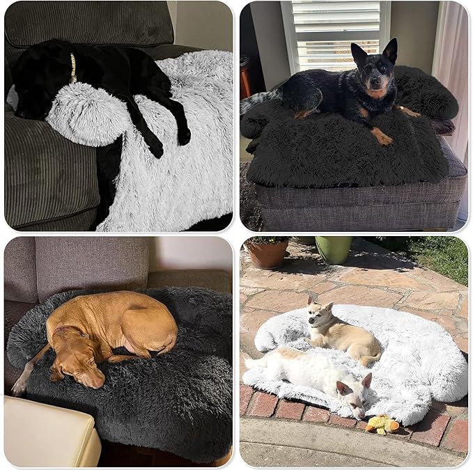 Calming Dog Bed Fluffy Plush Dog Mat for Furniture Protector with Removable Washable Cover for Large Medium Small Dogs and Cats (Large(45x37x6), Dark Grey)-PawvioPets