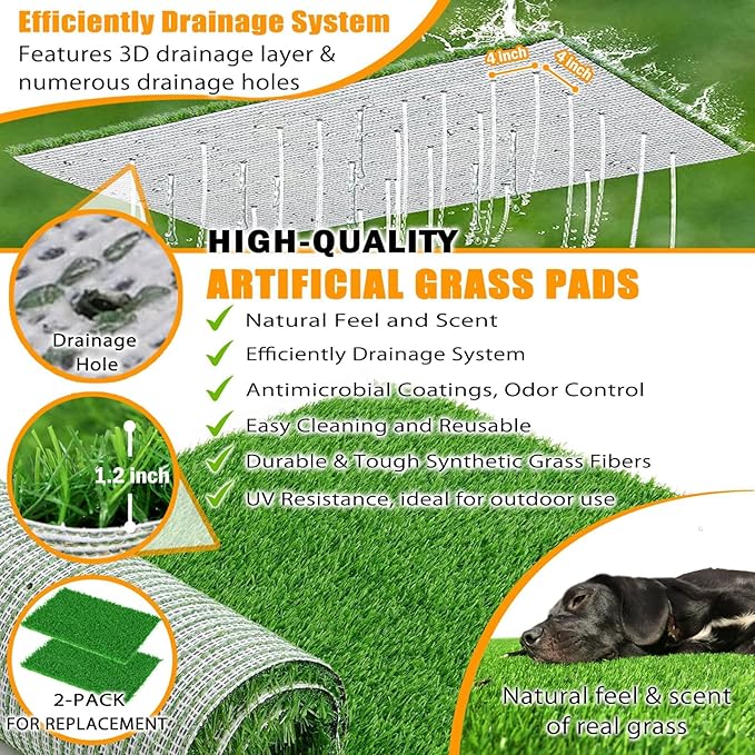 Dog Grass Pad with Tray, Reusable Large Artificial Turf Grass Potty and Puppy Pee Pads for Dogs, Portable Stainless Steel Dog Litter Box for Indoor/Outdoor Potty Training Toilet-PawvioPets