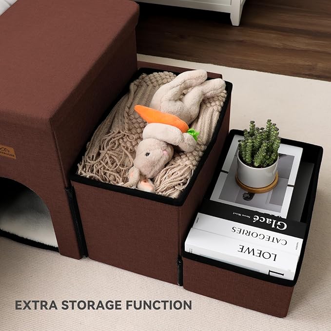 Dog Stairs with Condo 18" H, 3-Step Wider Dog Steps for High Beds Couch, Folding Storage Pet Stairs Gift for Small/Medium/Large Old Dogs Cats, Ramp for Climbing Car Up to 200 lbs, Brown-PawvioPets