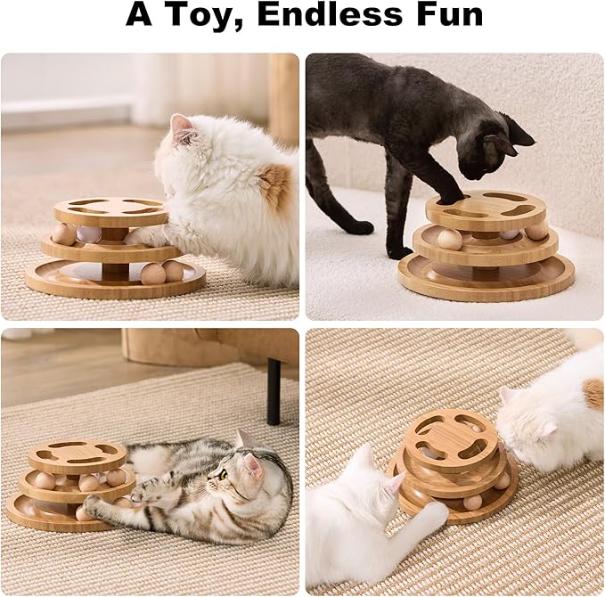 Cat Ball Track Toy with Puzzle Top, Wooden Cat Toys for Indoor Cats with Spinning Balls, Interactive Large Cat Ball Tower for Kitten Exercise Mental Physical-PawvioPets