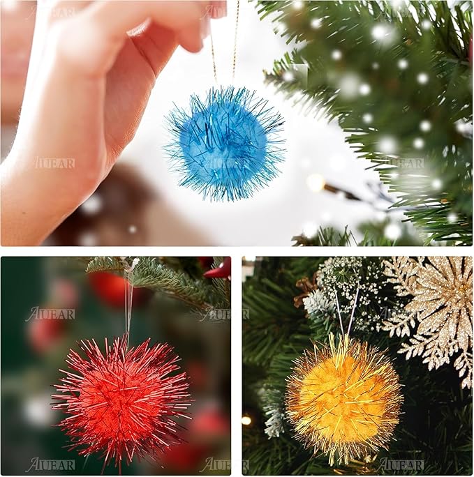 AUEAR, 12 Pack 2 Inch Sparkle Ball Shiny Glitter Tinsel Pom Poms Interactive Cat Balls for Kittens (6 Colors)-PawvioPets