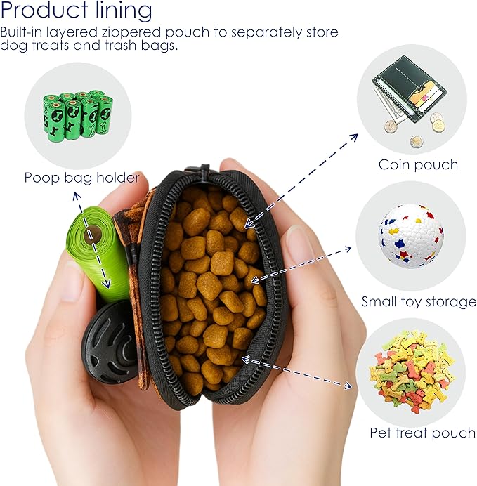 Dog Treat Pouch for Pet Walking and Training with Clicker Poop Bags and Double Bag Design Small Fanny Zipper Pack Holder for Puppy Snack Dispenser Kit for Leash and Outdoor Use Deer Hide Skin-PawvioPets