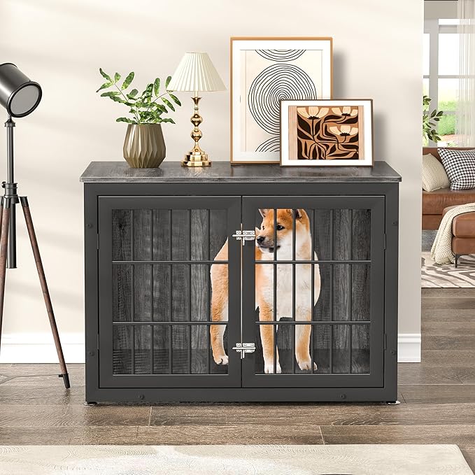 38" Heavy Duty Dog Crate Furniture for Large and Medium Dogs,Wooden Metal Kennel for High Anxiety Dogs, Chew Proof Cage Indoor, Decorative Kennel End Table-PawvioPets