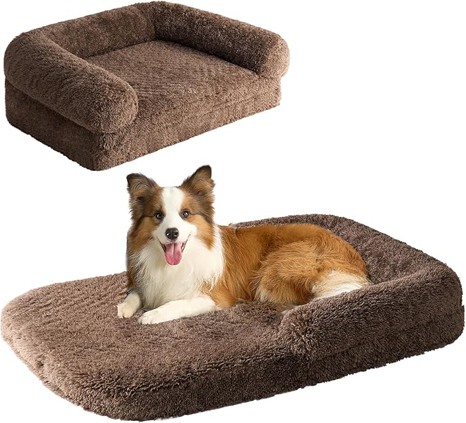 EHEYCIGA Foldable XXL Dog Bed, Faux Fur Fluffy Pet Couch Bed for Extra Large Dogs, Orthopedic Calming Memory Foam Big Pet Bed, Washable Soft Pet Sofa Bed with Non-Slip Bottom, Brown, 54"x38"x7.5"-PawvioPets