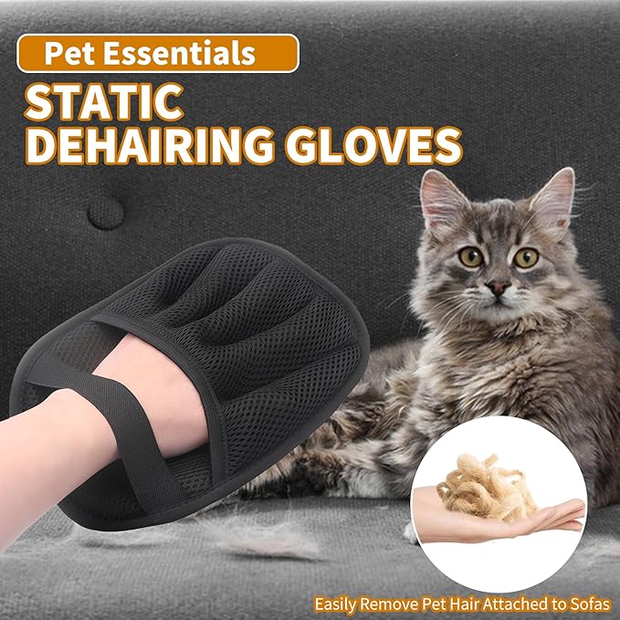2PCS Electrostatic Pet Grooming Gloves, Reusable Hair Remover for Dog Cat Fur on Clothes Furniture Car Seat/Five Fingers/Black-PawvioPets