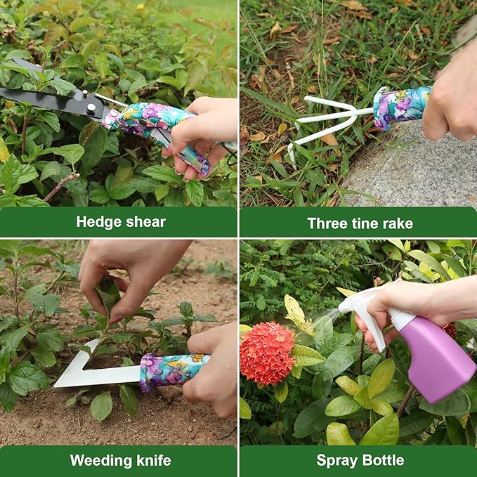 Gardening Tool Set 10-Piece, Heavy Duty Garden Tool Set with Purple Floral Tote Bag and Gift Box, Gardening Tools Kit with Ergonomic Non-Slip Handle, Ideal Gardening Gifts for Women Mom-PawvioPets