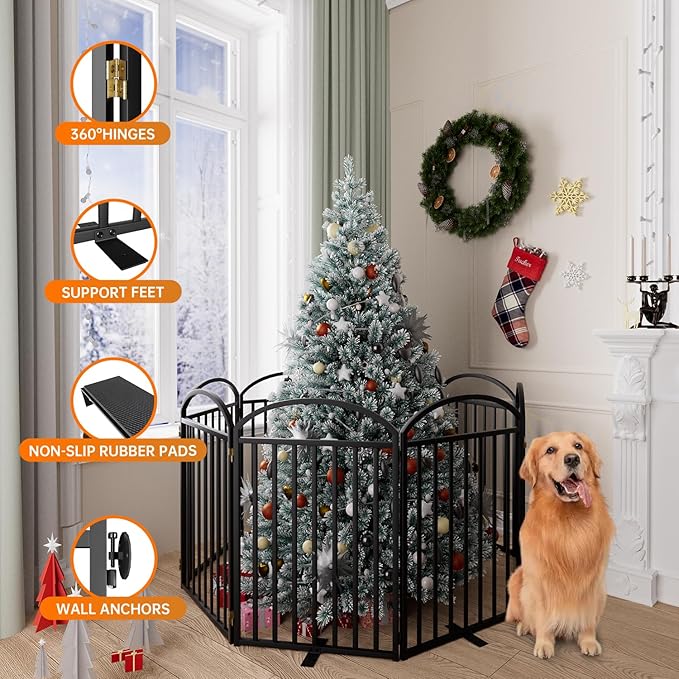 8 Panles Full Matel Freestanding Dog Gates with Door, 192"Extra Wide 32"Tall Free Standing Dog Pet Gate for Indoor & Outdoor. Foldable Pet Fences for Doorways, House, Stairs, Porch, Deck, Yard-PawvioPets