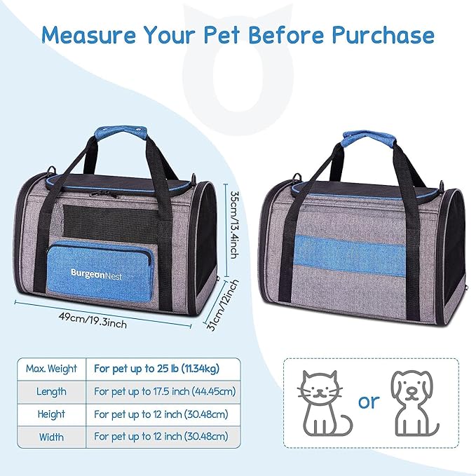 BurgeonNest Cat Carrier for Large Cats 20 lbs, Soft-Sided Pet Carrier for Small Dogs Medium Puppy Under 25 lbs, Puppy Travel Bag with Big Storage Bag, 4 Ventilated Windows, 3 Doors-PawvioPets