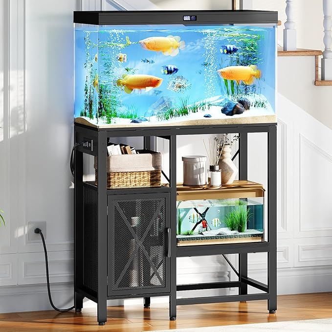 20-37 Gallon Fish Tank Stand, Aquarium Stand with Power Outlet and Storage Cabinet, Heavy Duty Tank Stand Suitable for Turtle Tank, Reptile Terrarium, for Home Office, Black FTHB40E01-PawvioPets