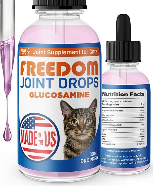 Freedom Joint Drops for Cats with Hyaluronic Acid, MSM, Glucosamine, & Chondroitin, All Natural Cat Joint Supplement for Mobility, Powerful Glucosamine for Cats, Cat Pain Relief, 30ml Dropper-PawvioPets
