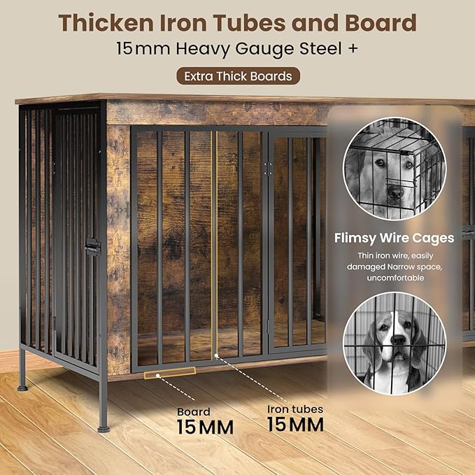 Dog Crate Furniture 78" for 2 Dogs Sturdy Heavy Duty Dog Kennel Solid Metal Tube Thick Wooden with 3 Lockable Doors XXL Double Dog Cage Large Breed as End Table for Large Dogs Rustic Brown-PawvioPets