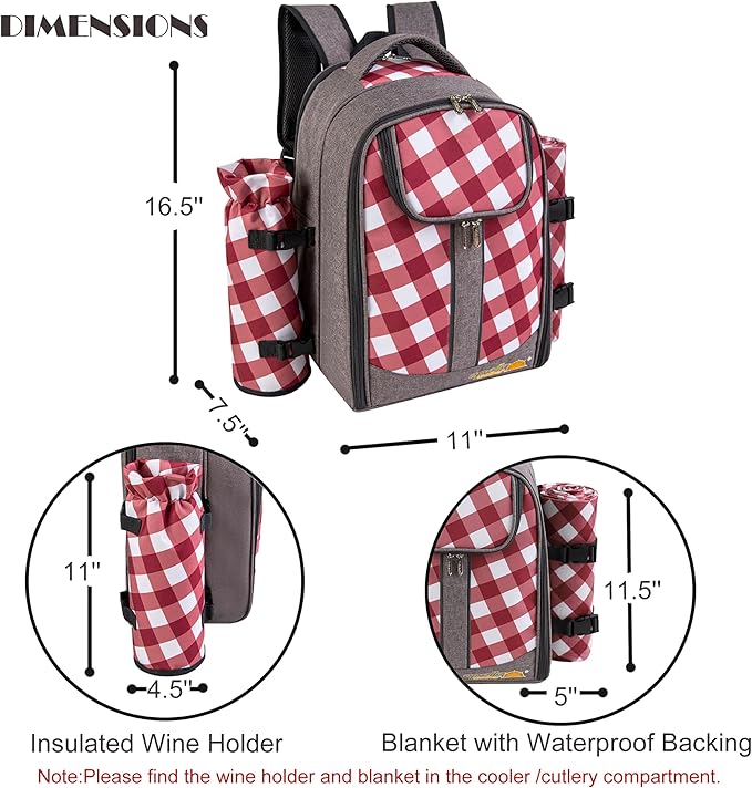 apollo walker Picnic Backpack Bag with Cooler Compartment, Detachable Bottle/Wine Holder, Fleece Blanket, Plates and Cutlery Set (2 Person, Gray)-PawvioPets