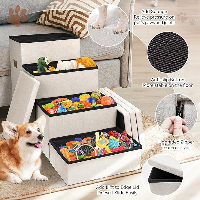 Dog Stairs with Condo 23" H, 4-Step Wider Folding Storage Pet Stairs Gift for Small/Medium/Large Old Dogs Cats, Dog Steps for High Beds Window, Ramp for Climbing Car Up to 200 lbs, Beige-PawvioPets