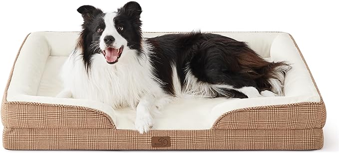 Bedsure Orthopedic Dog Beds Large Sized Dog - Washable Large Dog Cat Bed Waterproof, Comfort Dogs Couch Sofa with Washable Removable Cover, Pet Bed with Nonskid Bottom, Plaid-Brown, 35"-PawvioPets