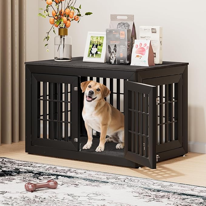 42" Heavy Duty Dog Crate Furniture for Small,Medium and Large Dogs,Rustic Wooden Dog Cage Kennel Indoor Furniture with Waterproof Top,Decorative Pet House Side End Table (Black & Grey)-PawvioPets